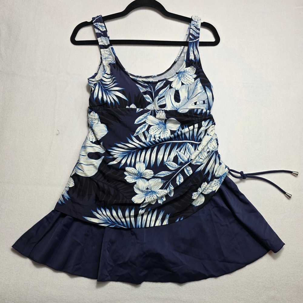 Maxine of‎ Hollywood Navy Blue Floral Swimdress Tummy Control Swimsuit Size 8